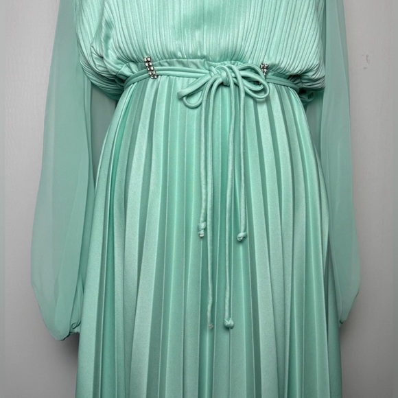 Vintage 1970s Mint Green Pleated Maxi Evening Dress Balloon Sleeve M - Picture 4 of 13